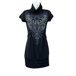 Womens Black Short Sleeve Knit Dress Size XS Rhinestone Graphic Y2K Goth Bodycon